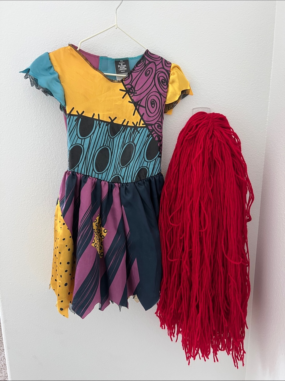 Disney Sally Patchwork Dress Costume with Bright Red Yarn Wig